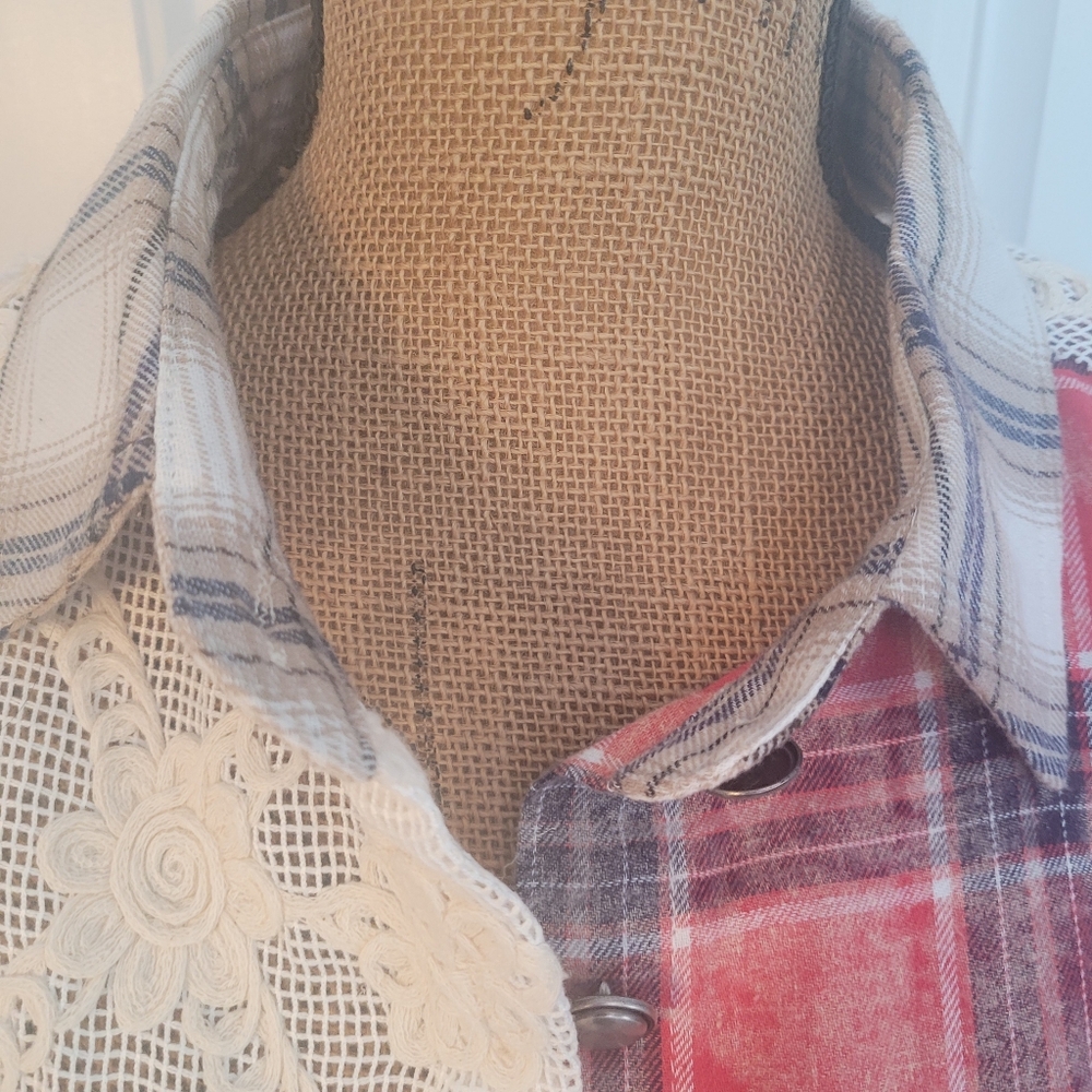 Pol Lace Patchwork Mixed Plaids Button-Front Top/… - image 4